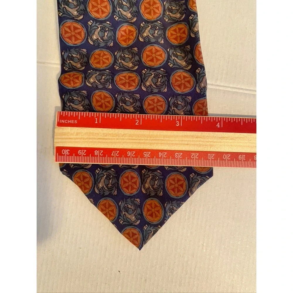 Christian Dior Monsieur Silk Tie Medallion Dragon Navy Blue Orange Geometric